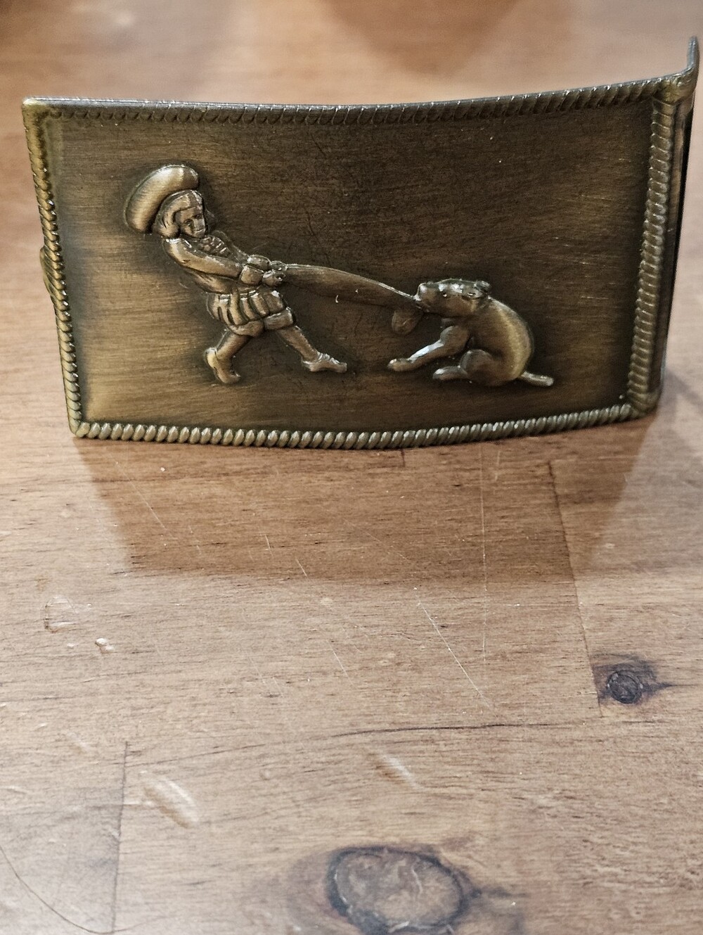 Vintage Antique Brass Tone Metal Novelty Belt Buckle - Boy & Dog Tug-of-War Euc